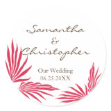 Red palm leaves tropic wedding favor seal label round sticker