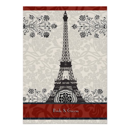 Red Paris Damask Eiffel Tower Wedding Invite