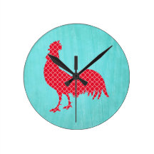 Red Patterned Rooster Silhouette Wallclocks