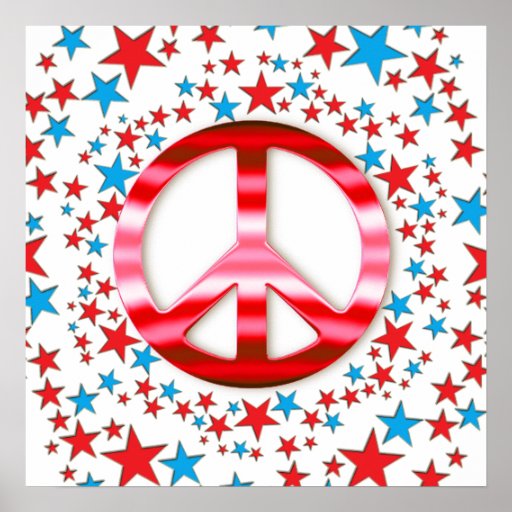 Red Peace Sign with Stars Poster Print