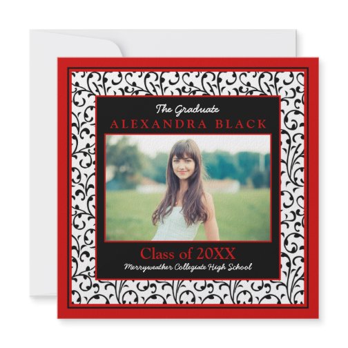 Red Photo Damask Floral Graduation Invitation