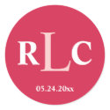 Red pink 3 initial monogram label wedding favor sticker