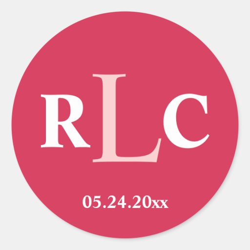 Red pink 3 initial monogram label wedding favor round stickers