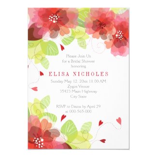 Red, pink flowers floral wedding bridal shower 5x7 paper invitation card