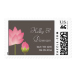 Red pink lotus flowers gray save the date wedding postage stamp
