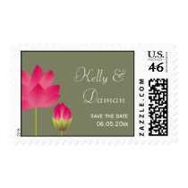 Red pink lotus flowers green save the date wedding stamps