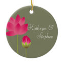 Red pink lotus flowers modern green wedding couple ornament