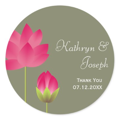 Red pink lotus flowers tea green wedding favor stickers by FidesDesign