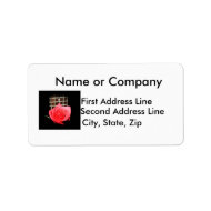 Red pink rose against five string bass fret board label