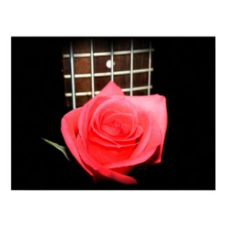 Red pink rose against five string bass fret board print