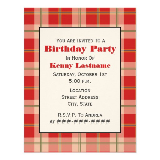 Red Plaid Birthday Party Invitation