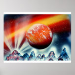 Red planet over mountains with backlighting posters