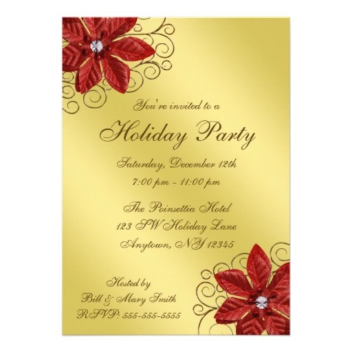Red Poinsettia Gold Swirls Holiday Party Custom Announcements (front side)