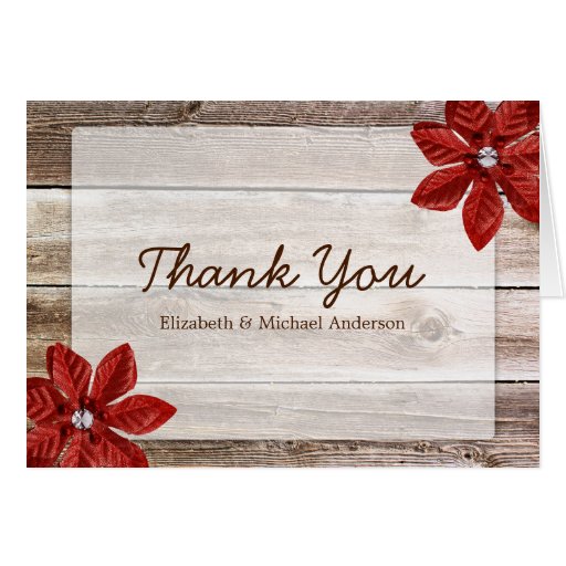 Red Poinsettia Rustic Barn Wood Thank You Card | Zazzle