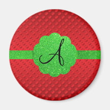Red polka dots green glitter monogram magnet