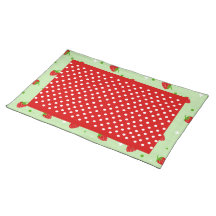 Red Polka dots & Strawberries on green background Place Mats
