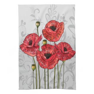 Red poppies on whimsical grey floral hand towels