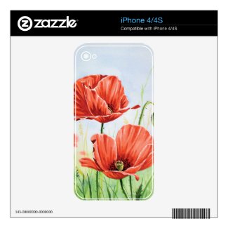 Red poppies watercolor skin for the iPhone 4