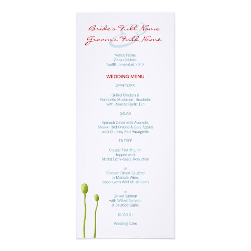 Red Poppy aqua Wedding Menu Custom Invite