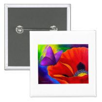 Red Poppy Butterfly Painting Art - Multi buttons