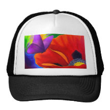Red Poppy Butterfly Painting Art - Multi Hat