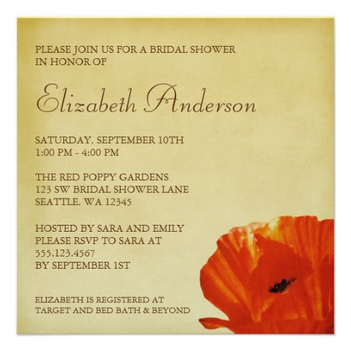 Red Poppy Flower Blossom Bridal Shower Invite