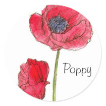 Red Poppy Flower Watercolor Botanical Art Round Stickers