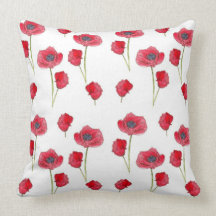 Red Poppy Watercolor Flower Botanical Art Pillow