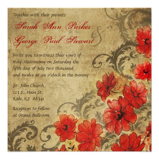 Red Poppy with Flourishes Vintage Wedding Invitati Announcements