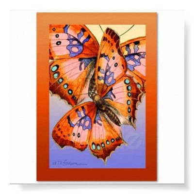 Red purple butterflies on gold blue abstract art print