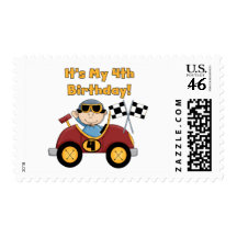 Red Race Car 4th Birthday Tshirts and Gifts Stamps