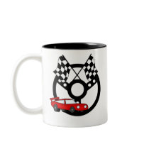 Red Race Car and Flags mugs