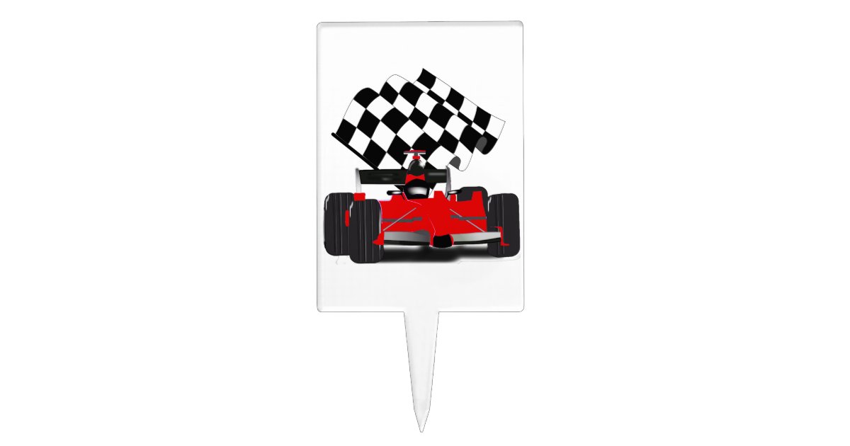 Red Race Car with Checkered Flag Cake Topper Zazzle