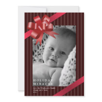Red ribbon bow frame holiday miracle baby first custom invitation