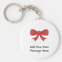 Red Ribbon Bow. On White. Custom Text Keychains