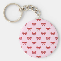 Red Ribbon Bow Pattern on Pink. Keychain