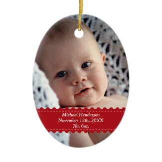 Red ribbon custom photo baby child birth statistic ornament