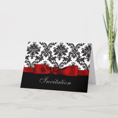 red ribbon damask wedding Invitations Greeting Card by blessedwedding