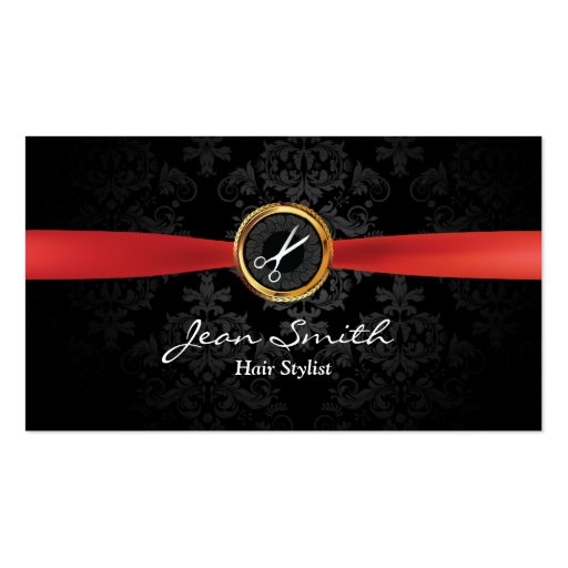 Red Ribbon Dark Damask Hair Stylist Business Card (front side)
