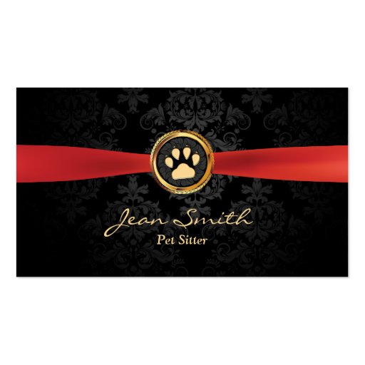 Red Ribbon Dark Damask Pet Sitting Business Card (front side)