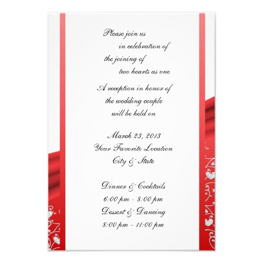Red Ribbon Heart Damask  Reception Invitations
