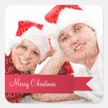 Red ribbon holiday photo christmas gift tag label square sticker