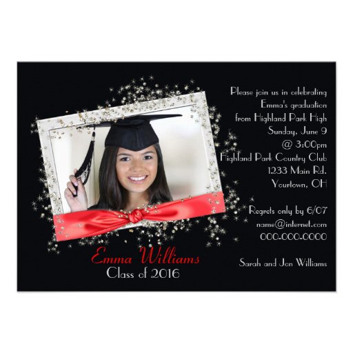 Red Ribbon with Glitter Graduation Invitation (front side)