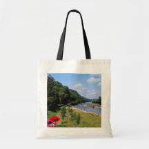 Red River Dordogne with cafe, France flowers Canvas Bag