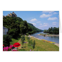Red River Dordogne with cafe, France flowers Greeting Cards