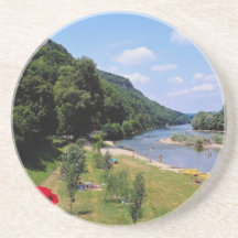 Red River Dordogne with cafe, France flowers Beverage Coasters