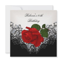 RED Rose 40th Birthday Lace Black White Silver Personalized Invitation