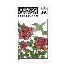 Red Rose and Broadtail Hummingbird Postage Stamps