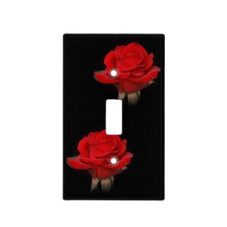 Red Rose Blooms on Black Light Switch Covers