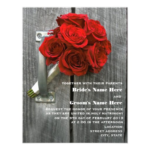 Red Rose Bouquet & Barnwood Wedding Invitation